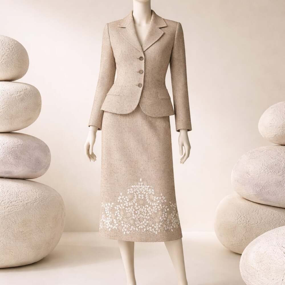 Kay Unger New York Herringbone Tweed Skirt Suit with Floral Embroidery Size 10